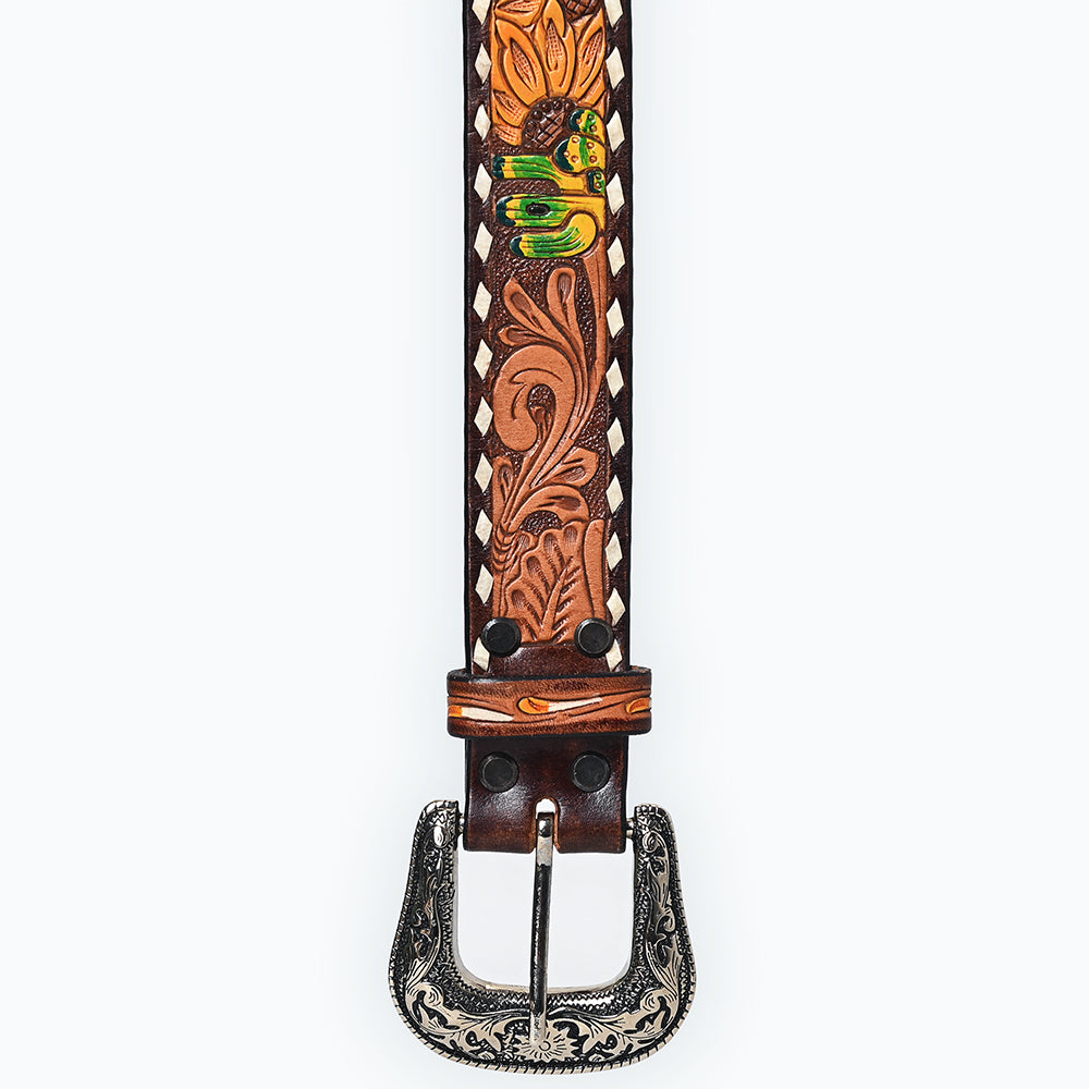 ADBLF205 Poker Hand Tooled Leather Belt with Sunflowers & Silver Buckle
