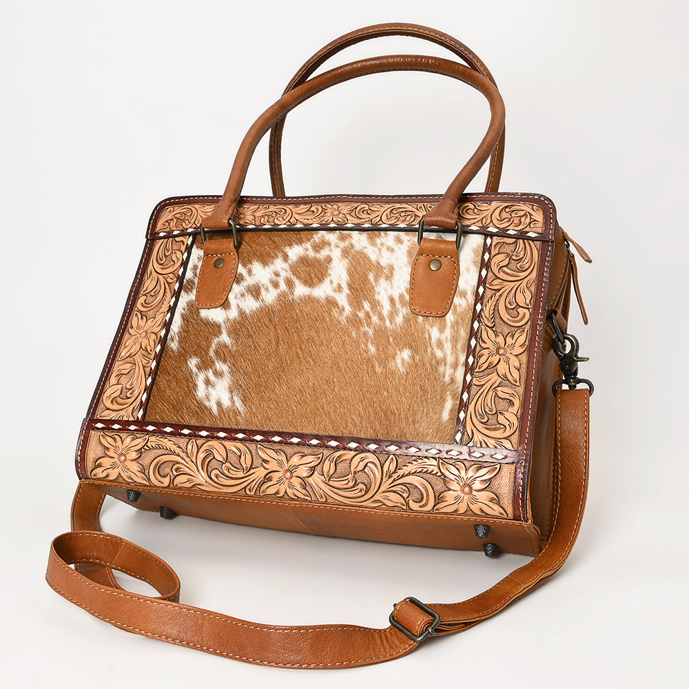 ADBG1393 American Darling Western Leather Tote Bag with Hair-On Cowhide & Hand-Tooled Floral Detailing