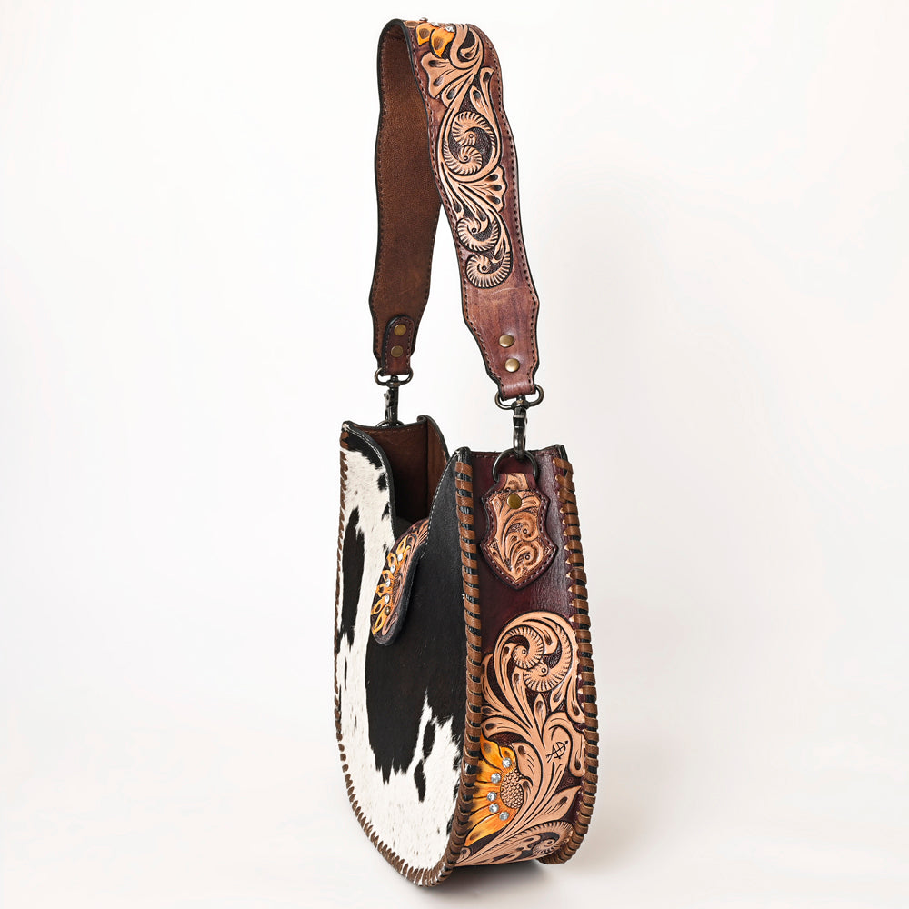 ADBG1076 American Darling Hair-on Cowhide Hobo Bag with Tooled Floral Strap Western Genuine Leather Purse