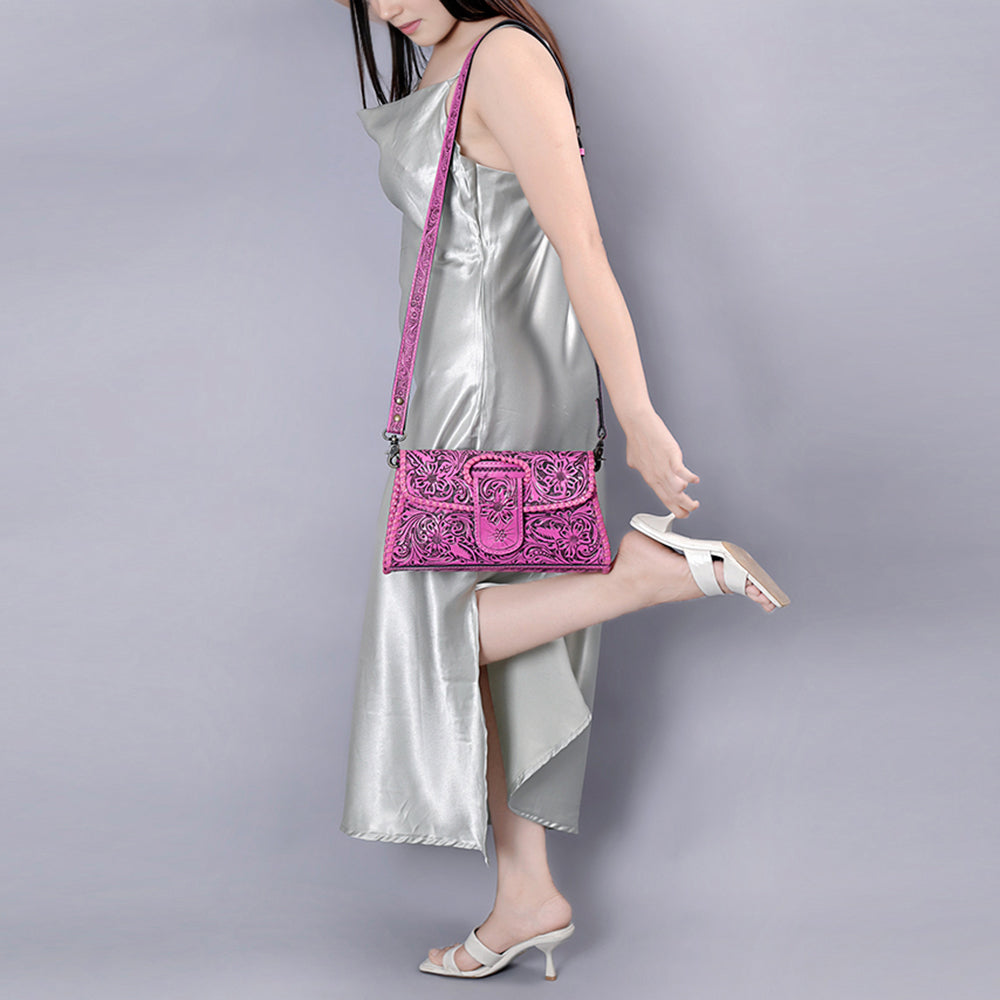 ADBG1134 American Darling Pink Hand Tooled Floral Leather Clutch & Crossbody Bag