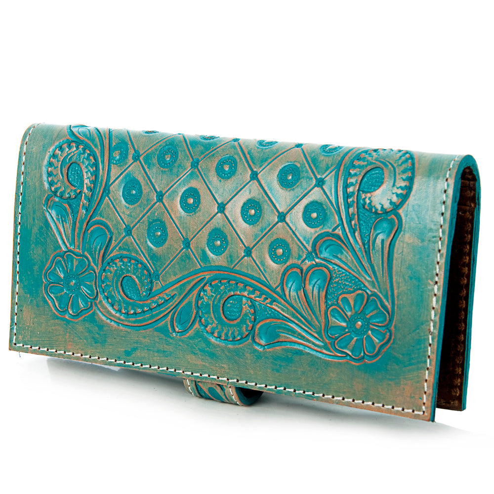 ADBG599 Turquoise Tooled Leather Wallet Western Floral Trifold Clutch with Snap Closure