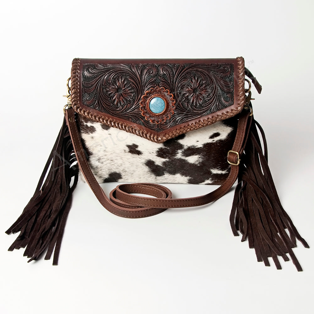 ADBGD121 American Darling Hand Tooled Floral & Hair-On Cowhide Leather Envelope with Turquoise Concho