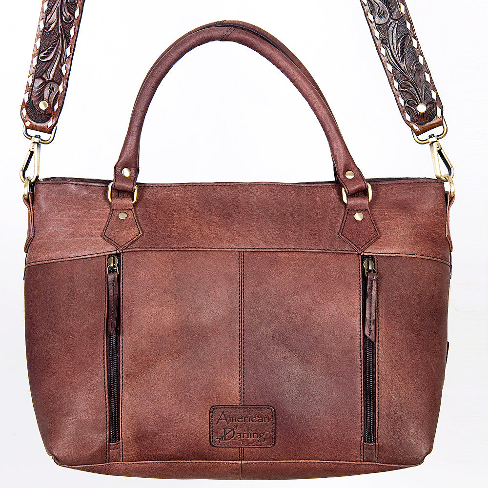 ADBGI141 Hand-Tooled Cowhide Leather Western Tote - Floral Tooled Hair-On Bag