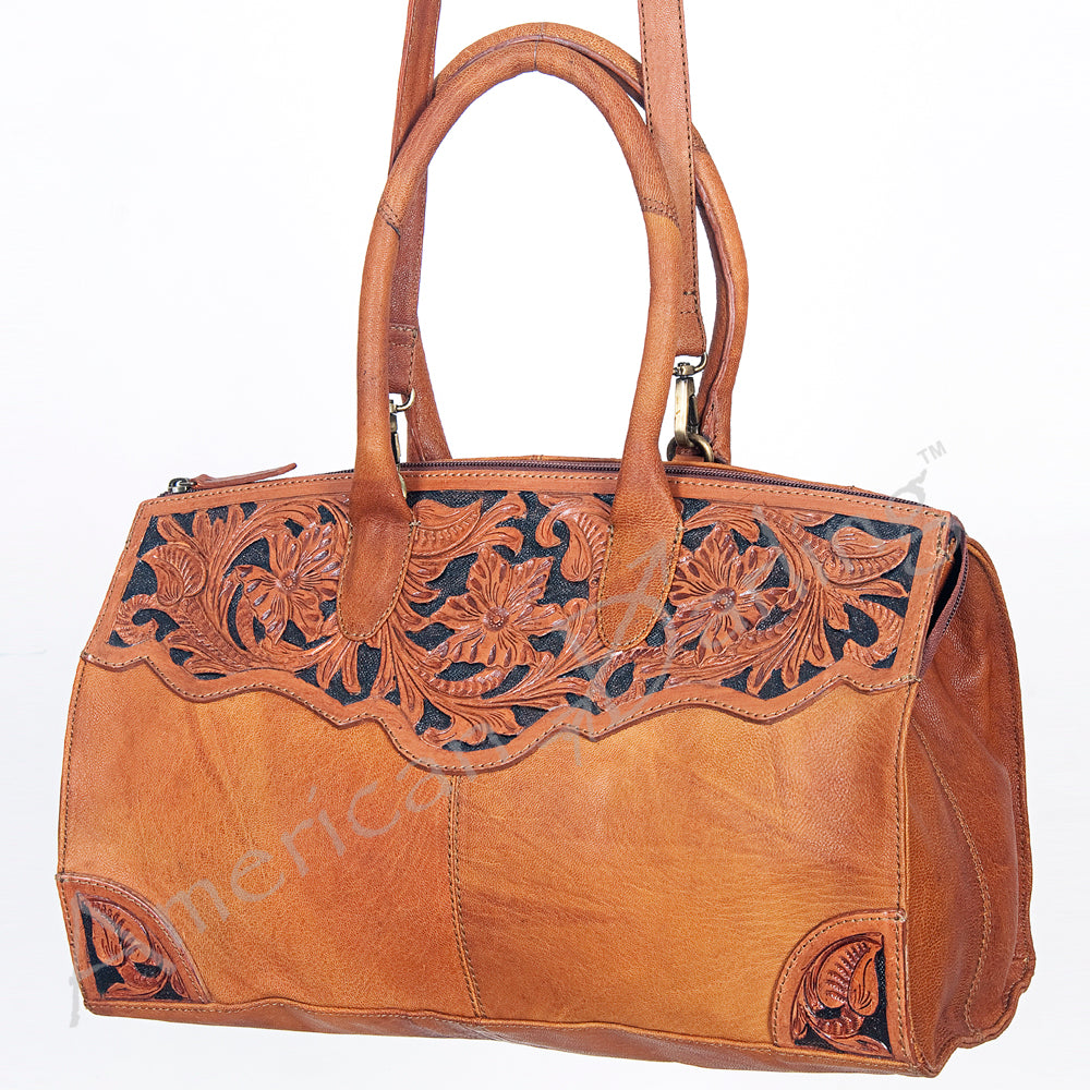 LC-ADBGI108C Olivia Western Duffel Bag - Genuine Leather Weekender with Hand-Tooled Floral Design
