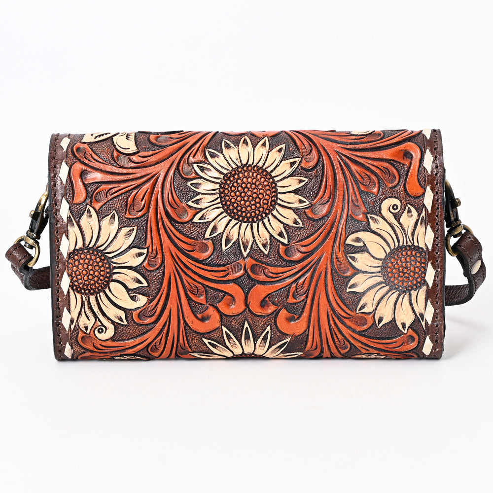 ADBGA379 Western Sunflower Tooled Leather Organiser Bag Handcrafted Floral Crossbody Wallet