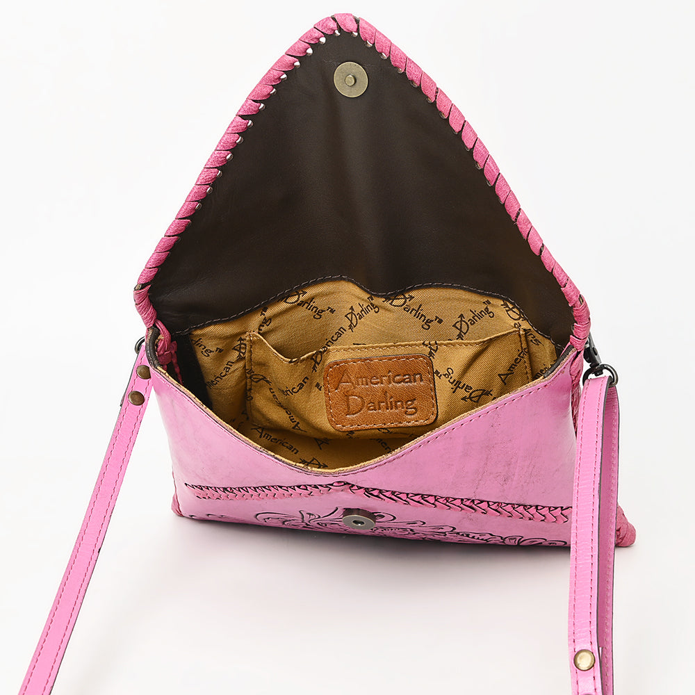 ADBG1109 American Darling Hand-Tooled Genuine Pink Leather Western Envelope Bag Floral Carved Crossbody