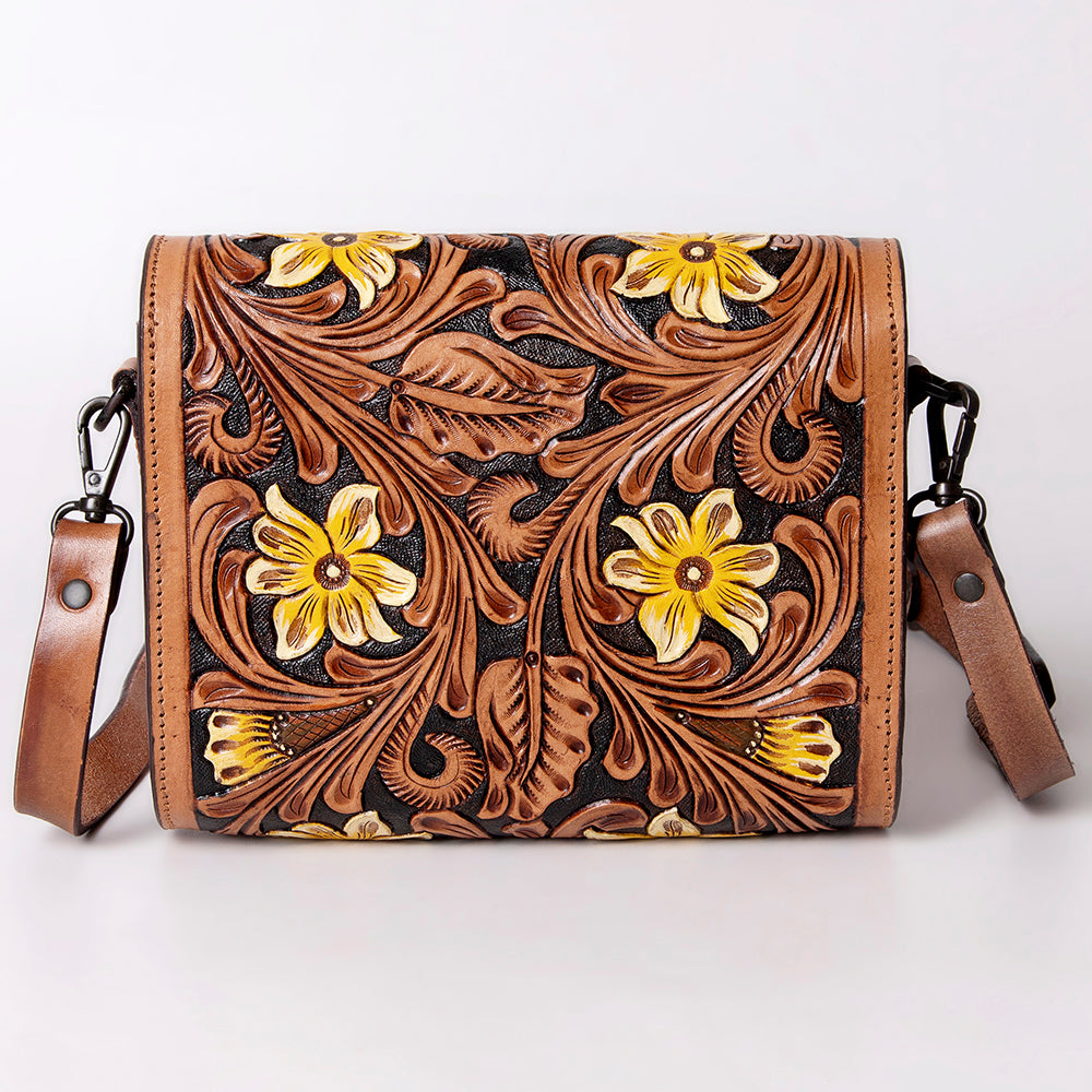 ADBGZ693 Hand-Tooled Leather Western Crossbody Bag - Floral Carving in Natural Tan