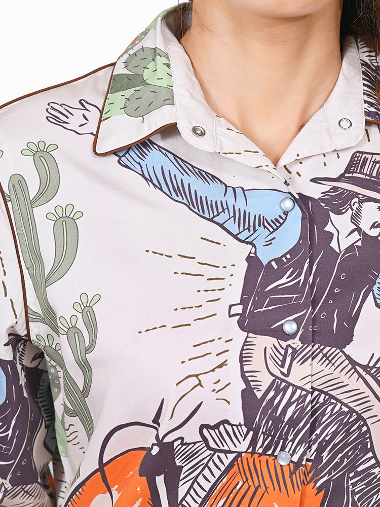 ADSH083 American Darling 100% Satin Cotton Printed Western Button Down Shirt