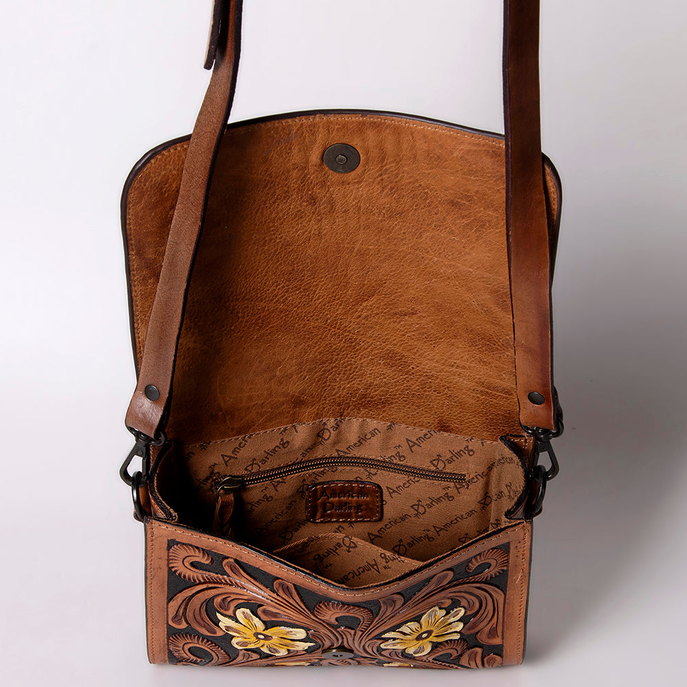 ADBGZ693 Hand-Tooled Leather Western Crossbody Bag - Floral Carving in Natural Tan