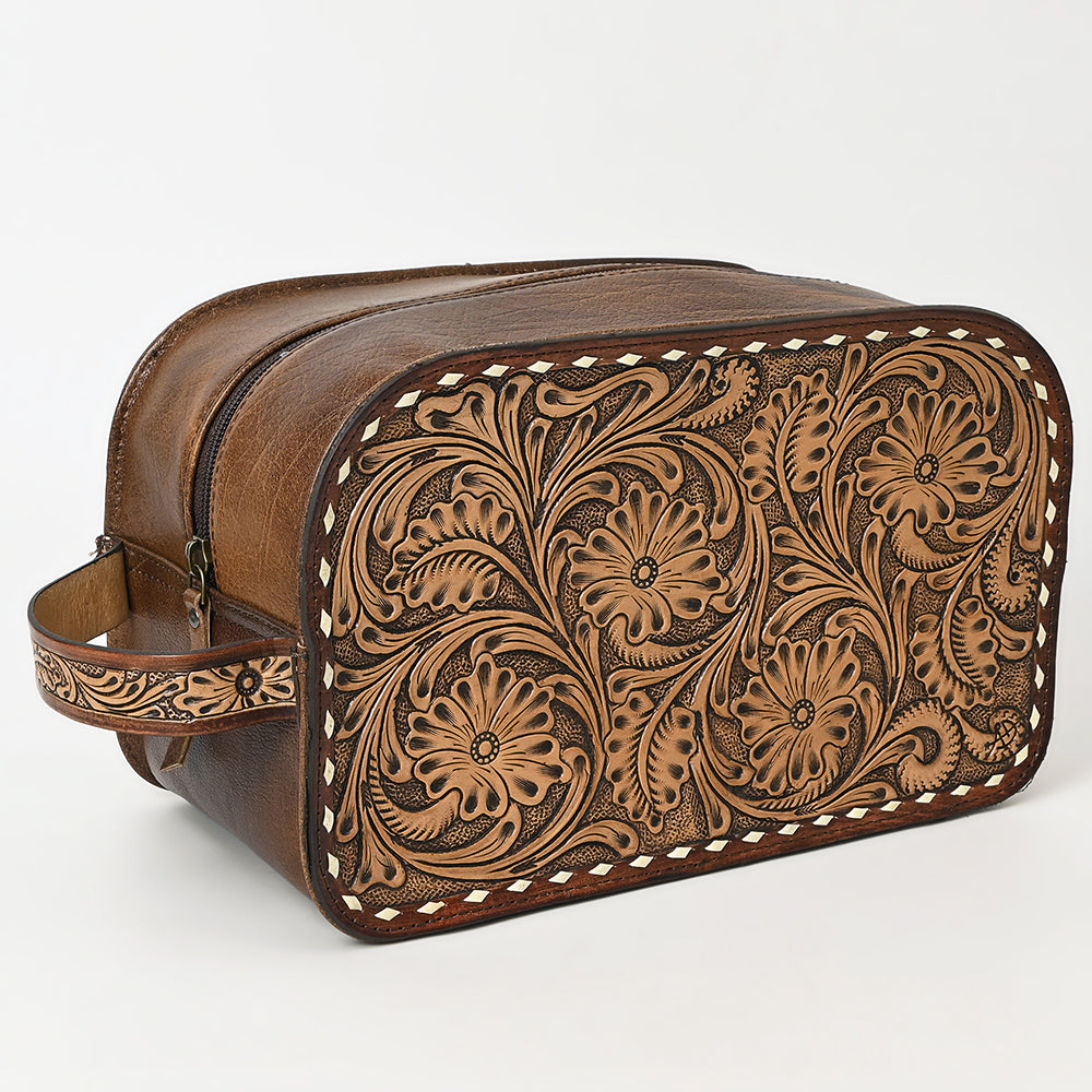 ADBG1509 American Darling Hand-Tooled Western Leather Toiletry Bag - Genuine Floral Carved Travel Case
