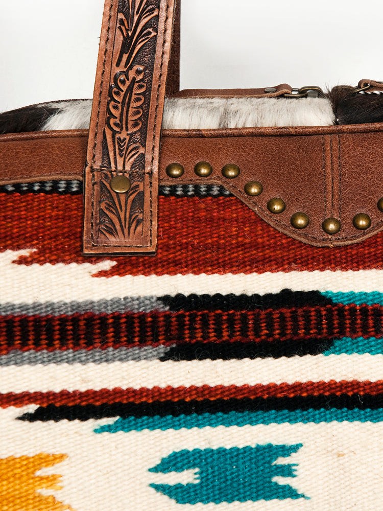 ADBG946 American Darling Handcrafted Western Leather Duffel with Hand Woven Saddle Blanket & Cowhide