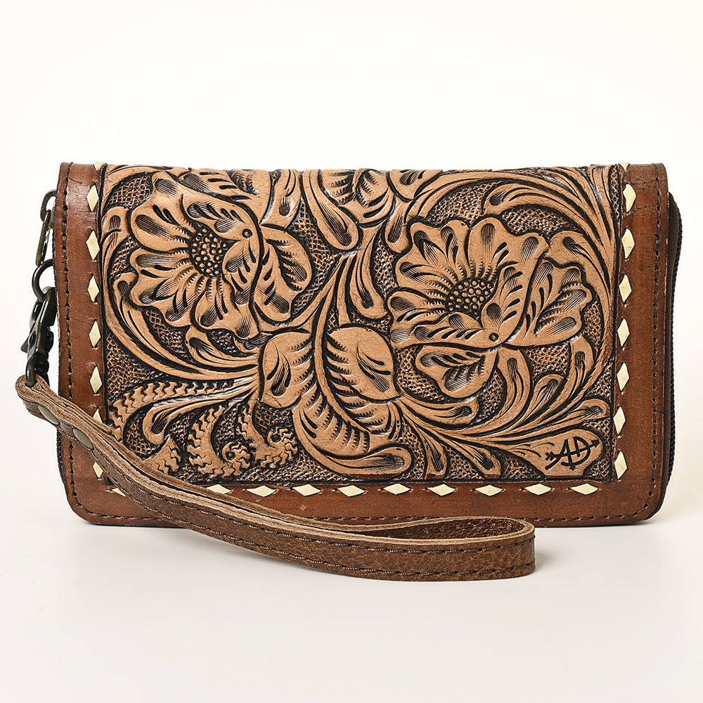ADBG1309 American Darling Tooled Leather Wallet -Floral Buckstitch Wristlet
