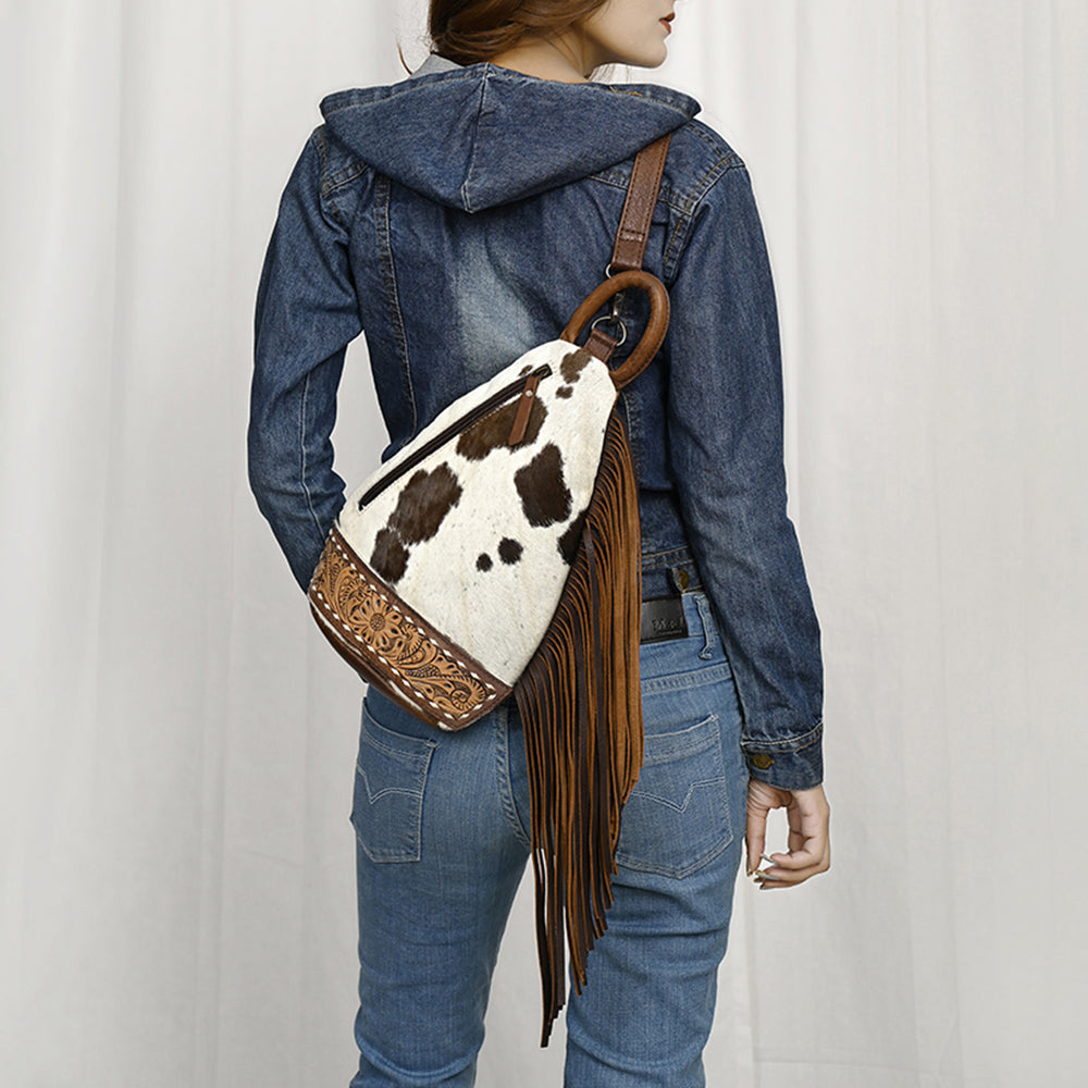 ADBG1401 American Darling Western Cowhide Leather Sling Bag with Hand-Tooled Details and Fringe