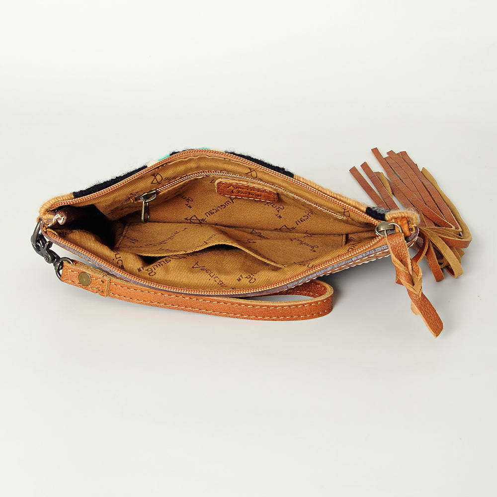 ADBG344 American Darling Aztec Saddle Blanket Tooled Leather Fringe Wristlet Clutch