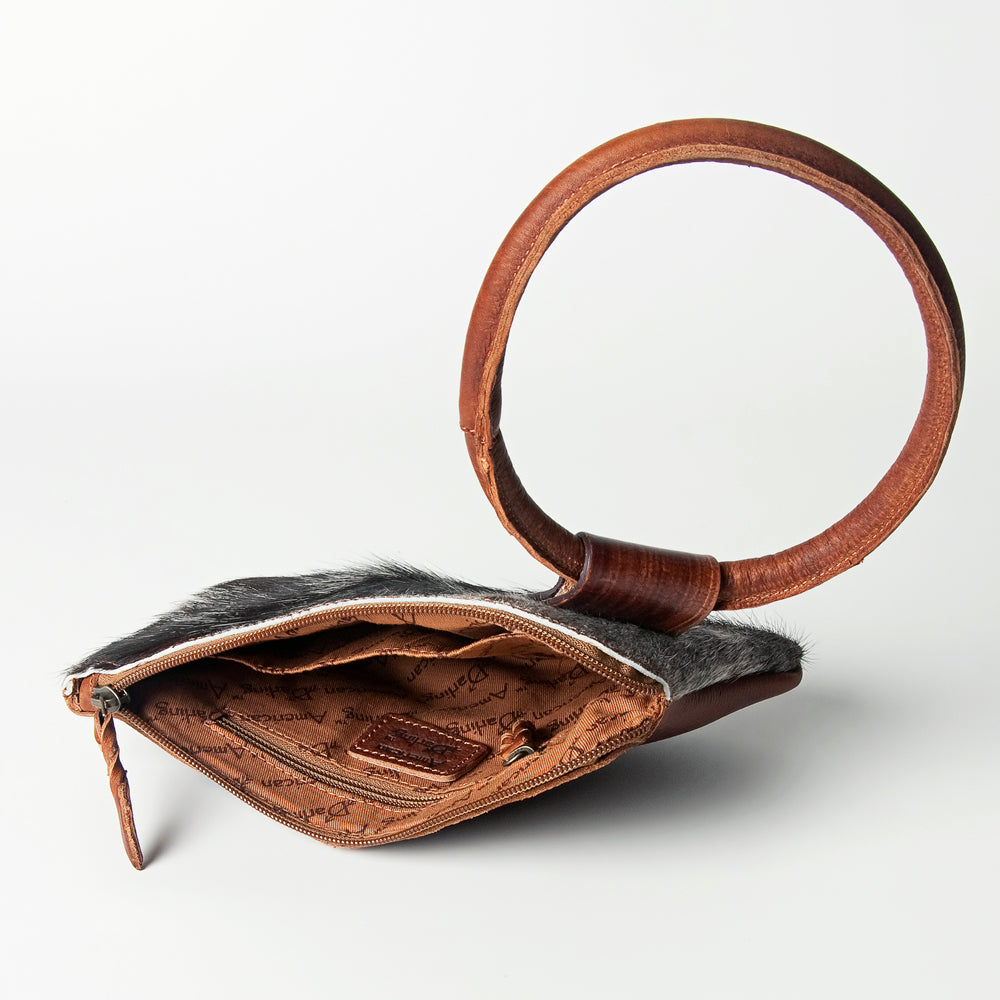 ADBGZ335 Black & White Cowhide Wristlet - Hair-On Hide Clutch with Tooled Leather Detail