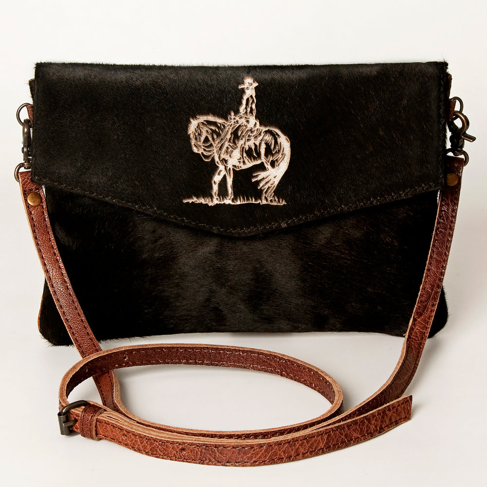ADBGS178 Black Cowhide Leather Envelope Bag with Cowboy Horse Embroidery - Western Sling Purse