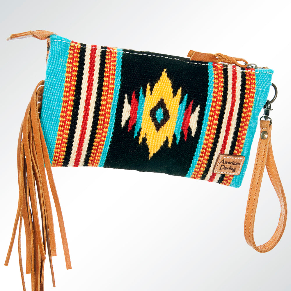 ADBG344 American Darling Western Leather Wristlet Bag with Hand Tooled Floral Detail & Saddle Blanket