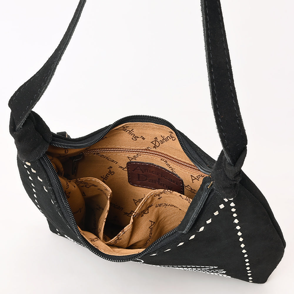 ADBG1617A American Darling Western Genuine Suede Leather Black Hobo Bag with Craftsmanship & Boot Stitch Detailing