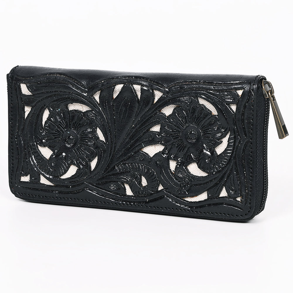 ADBGZ810A Black Hand-Tooled Leather Wallet - Western Floral Zip Wallet with Cream Contrast