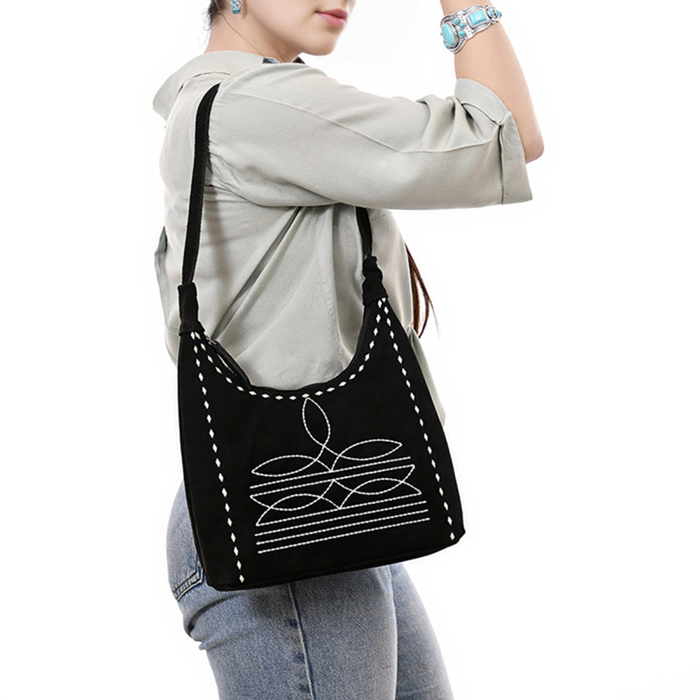ADBG1617A American Darling Western Genuine Suede Leather Black Hobo Bag with Craftsmanship & Boot Stitch Detailing