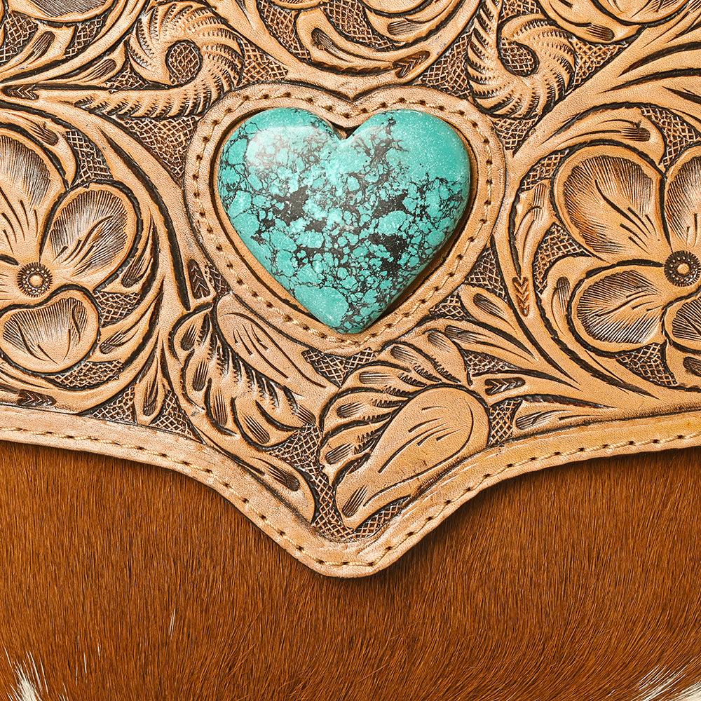 ADBG1389 American Darling Western Leather Crossbody with Hair-On Cowhide & Hand-Tooled Floral Detail