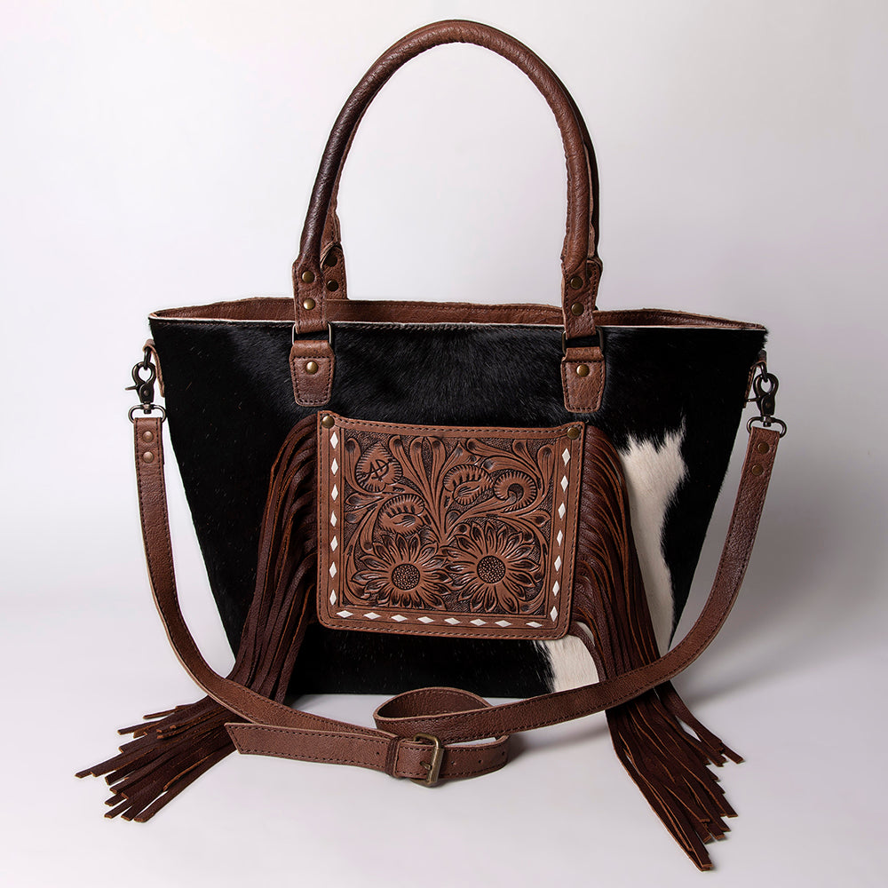 ADBG663 American Darling Hand Tooled Floral & Hair-On Cowhide Western Leather Tote Bag