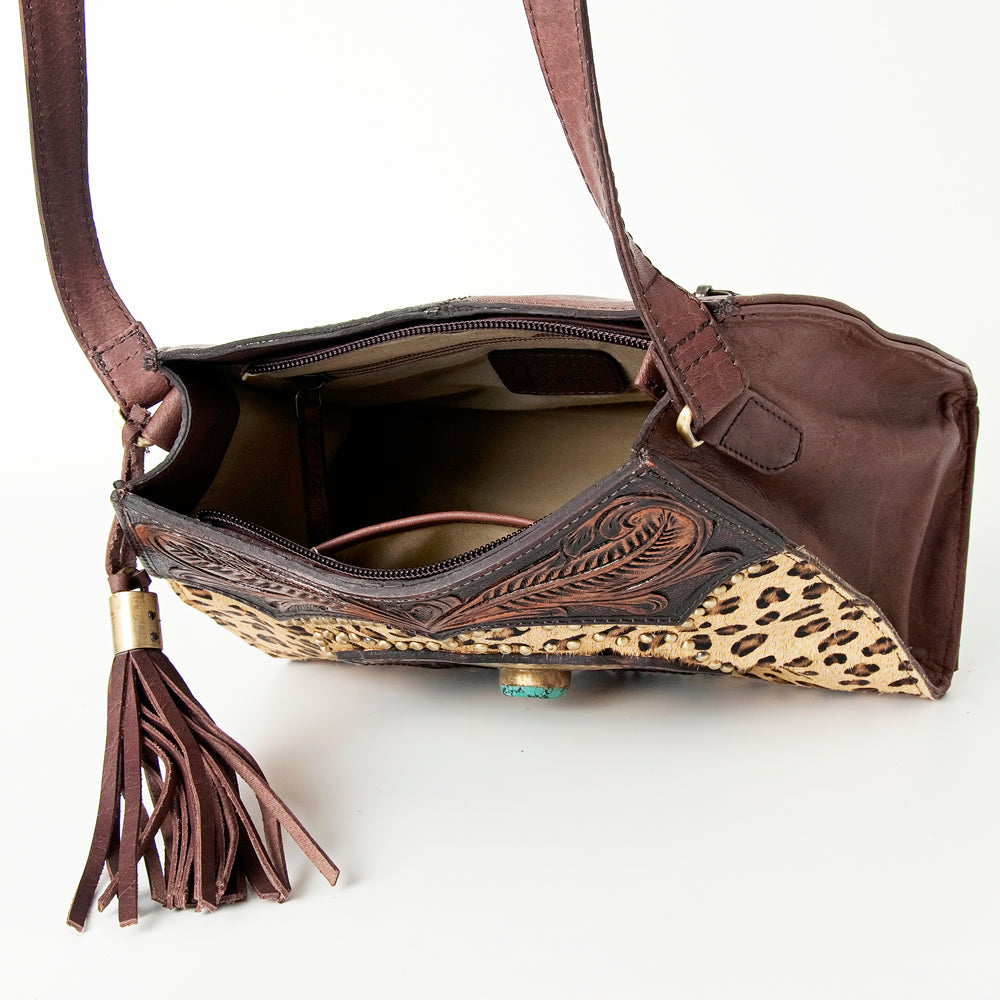ADBGI165 Natural Hair on Tooled Leather Bag - Turquoise Concho & Stud Accent