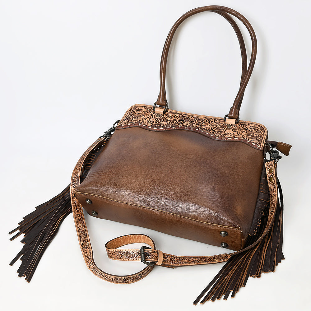 ADBG1527 American Darling Western Hand-Tooled Leather Tote Bag with Floral Carving and Dramatic Fringes