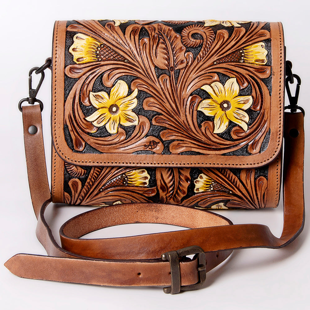 ADBGZ693 Hand-Tooled Leather Western Crossbody Bag - Floral Carving in Natural Tan