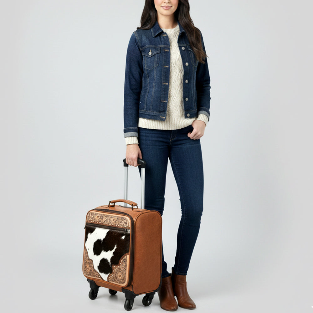 ADBG1612 American Darling Western Leather Travel Case with Hair-On Cowhide & Hand-Tooled Details