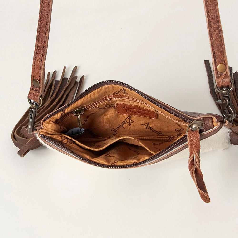 LC-ADBGS142 Western Rodeo Crossbody - Hair-On Leather Bag with Steer Wrestling Print & Fringe