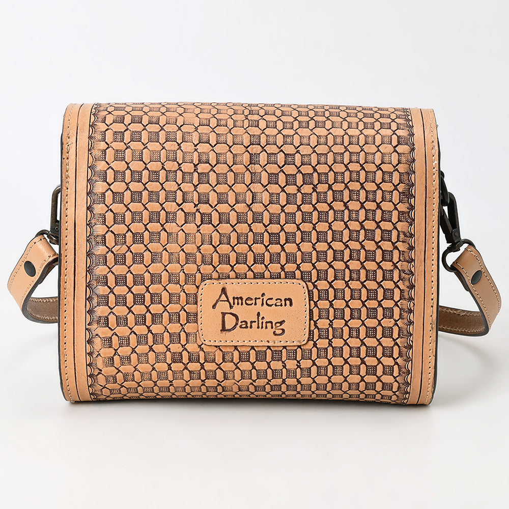 ADBGZ693 Hand-Tooled Leather Western Crossbody Bag - Floral Carving in Natural Tan