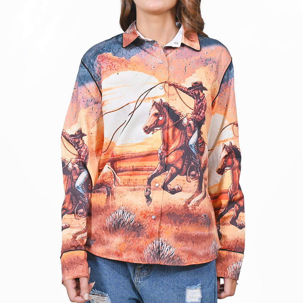 ADSH084 American Darling 100% Satin Cotton Western Rodeo Print Button Down Shirt