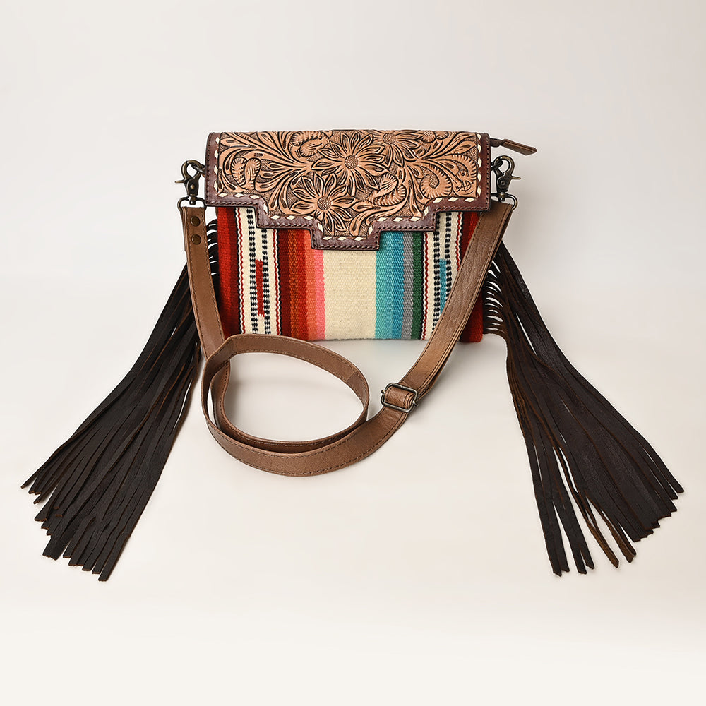 ADBG587 Western Tooled Leather Crossbody Bag with Fringe and Woven Fabric