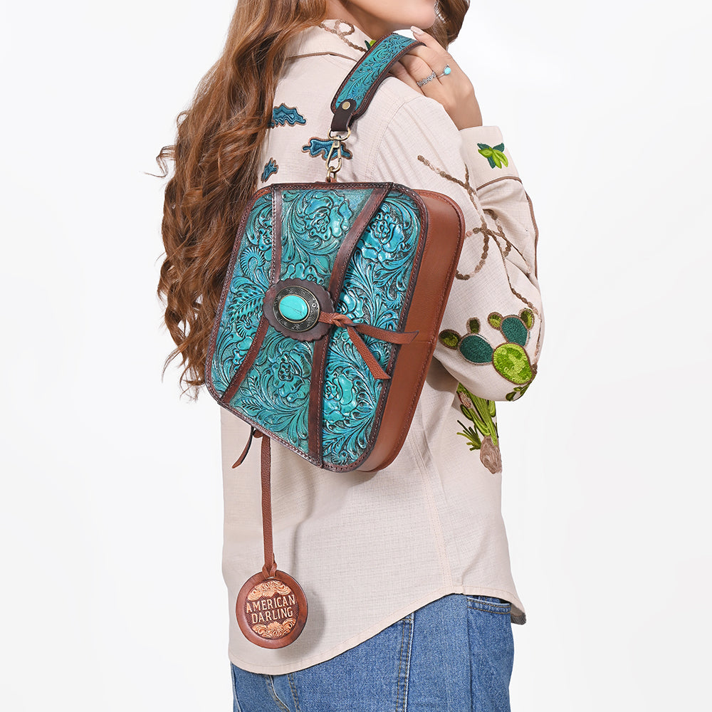 ADBGA1114 American Darling Western Hand-Tooled Turquoise Leather Crossbody Bag with Stone Concho