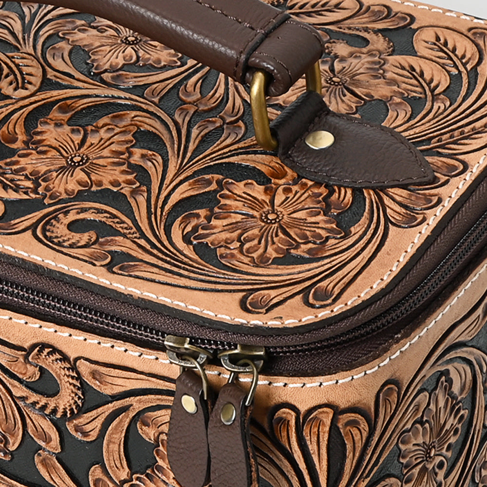 ADBGA576 Hand-Tooled Leather Jewelry Case with Zip Closure and Top Handle