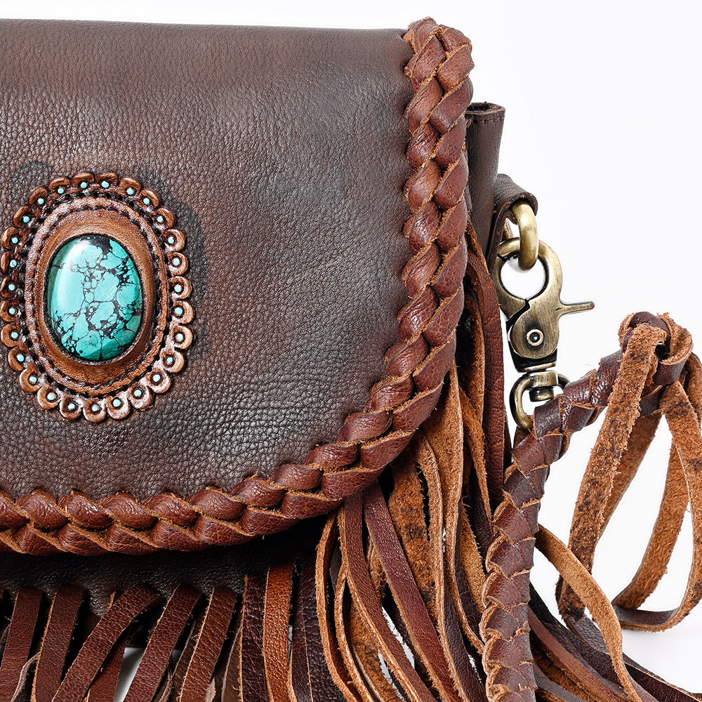 ADBGM338 Fringe Leather Crossbody Bag with Turquoise Concho - Small Western Braided Flap Purse