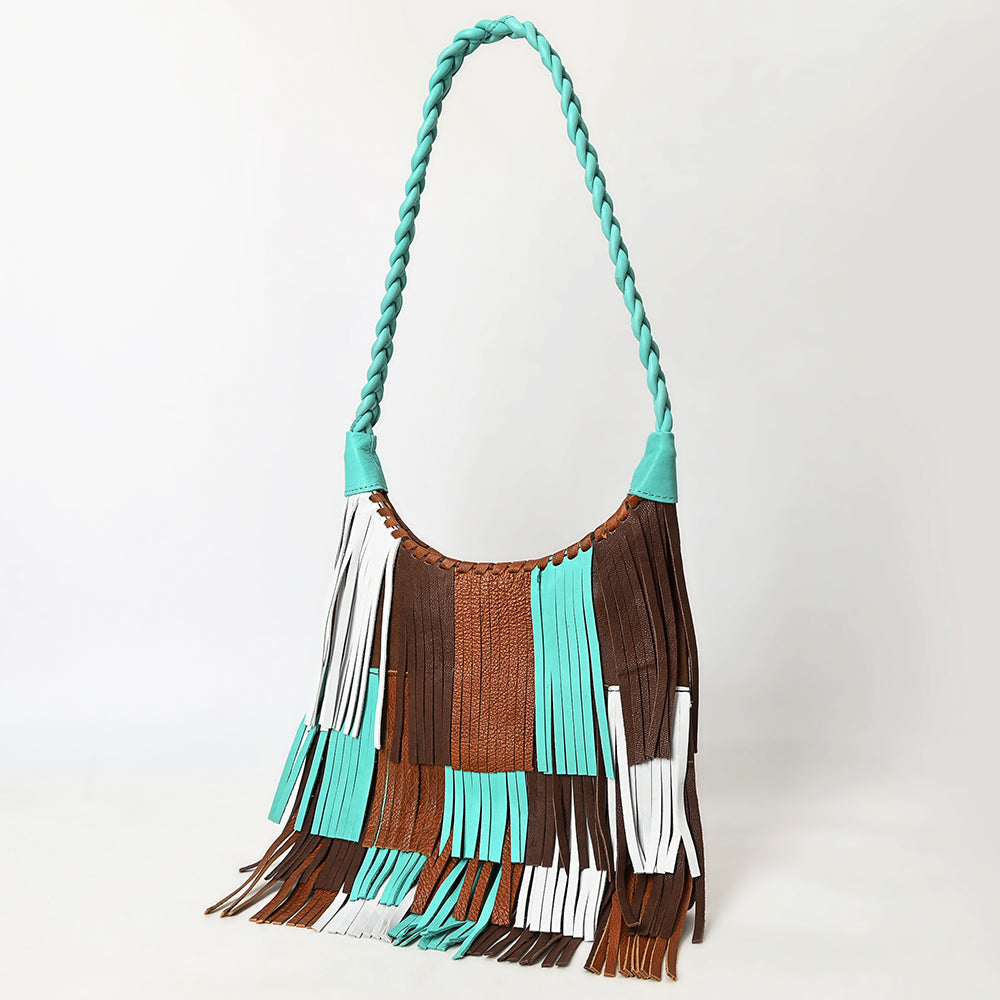 ADBG1594 American Darling Western Leather Hobo Bag with Braided Strap and Long Fringe Detailing