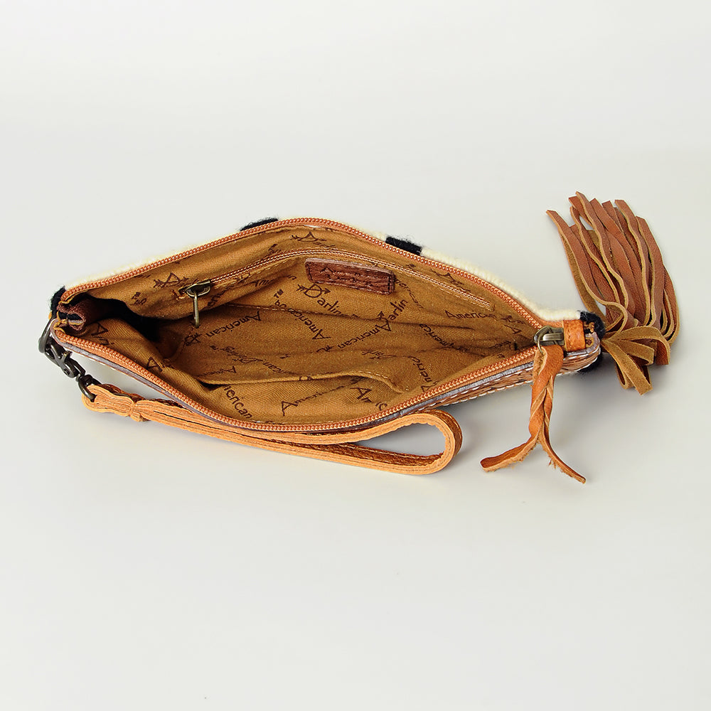 ADBG344 American Darling Aztec Saddle Blanket Tooled Leather Fringe Wristlet Clutch