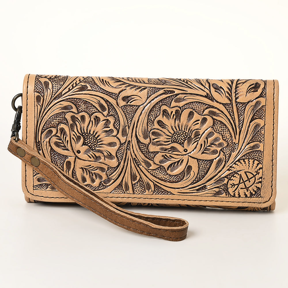 ADBG1311 American Darling Hand-Tooled Leather Trifold Wallet -Floral Carved Wristlet