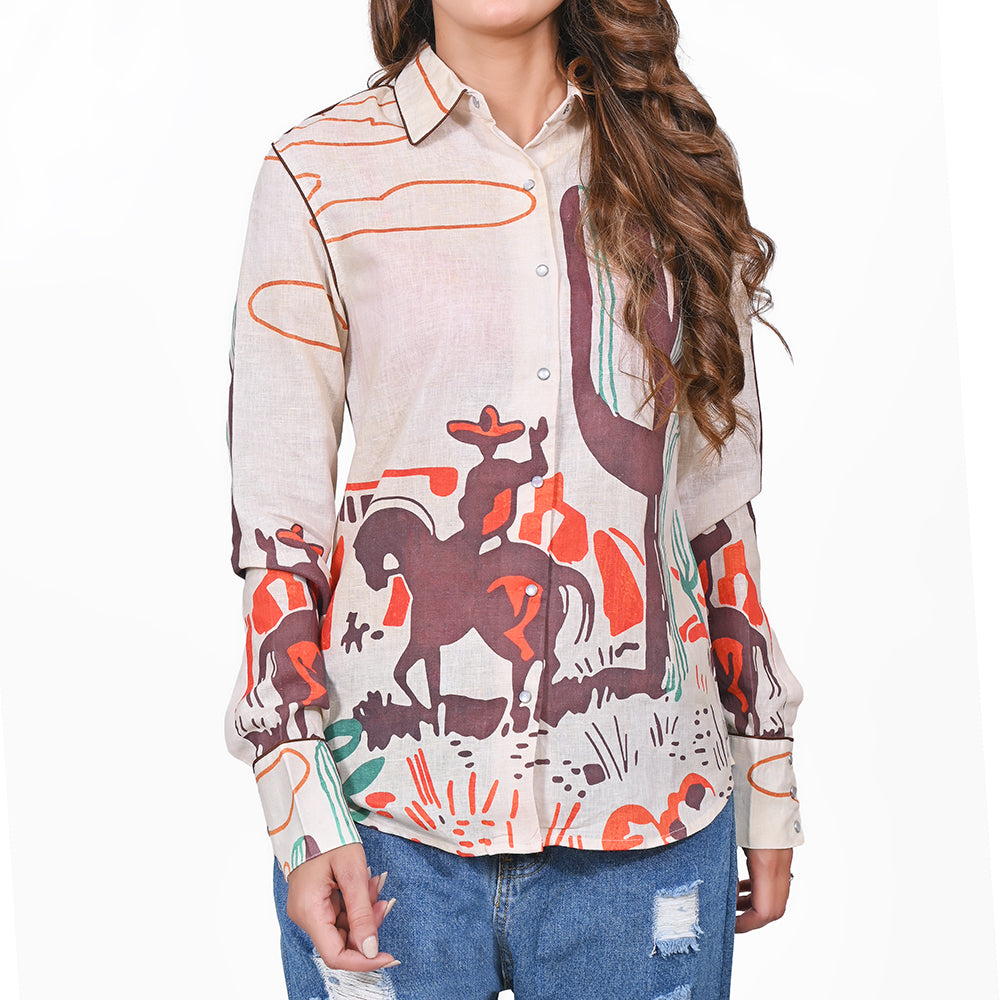 ADSH082 American Darling 100% Linen Printed Western Long Sleeve Shirt