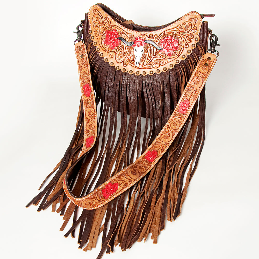 ADBG523 American Darling Hand Tooled Floral Leather Crossbody Bag with Fringes