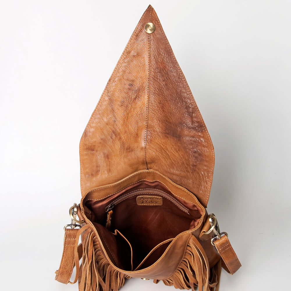 ADBGM126 Leather Fringe Messenger Bag - V-Cut Flap with Turquoise Concho & Studs
