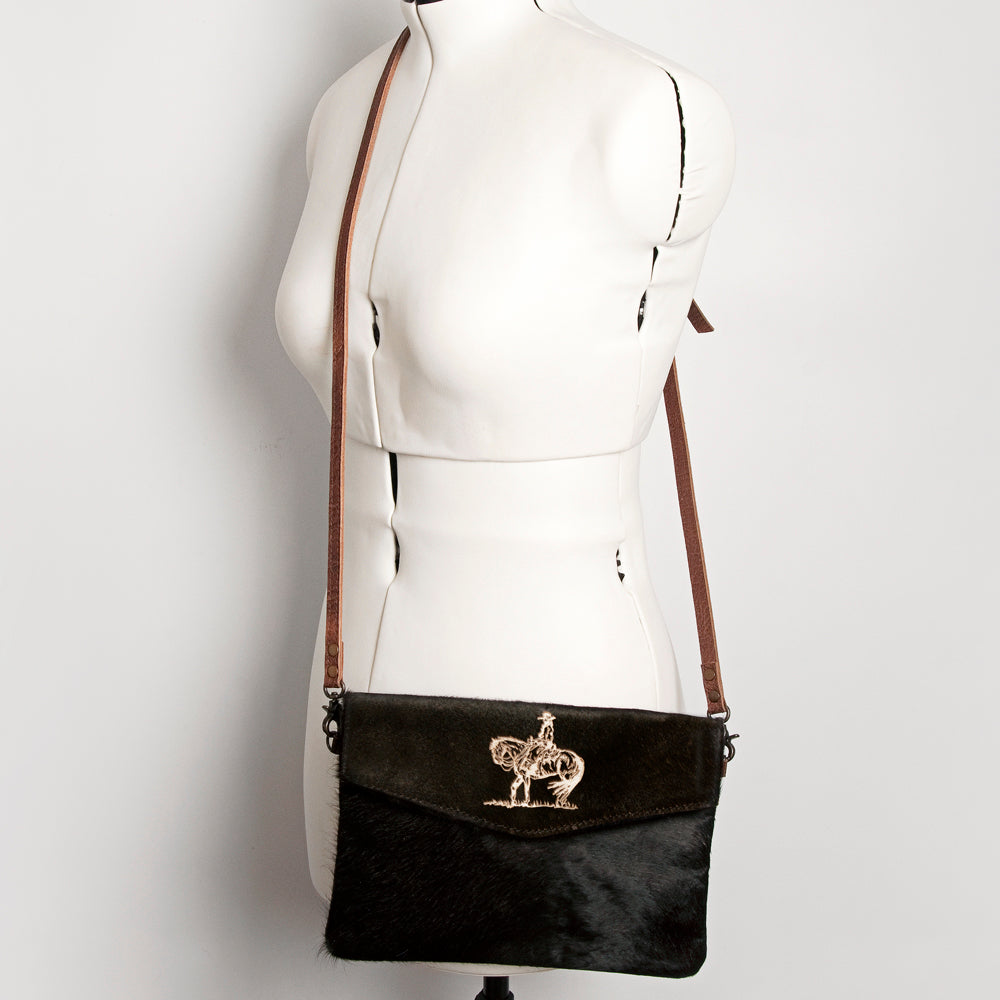 ADBGS178 Black Cowhide Leather Envelope Bag with Cowboy Horse Embroidery - Western Sling Purse