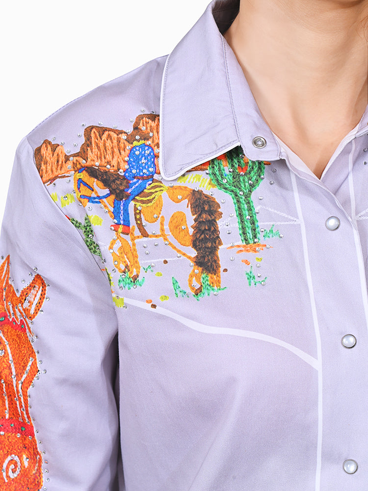 ADSH095 American Darling 100% Satin Cotton Crystal Western Rodeo Print Shirt
