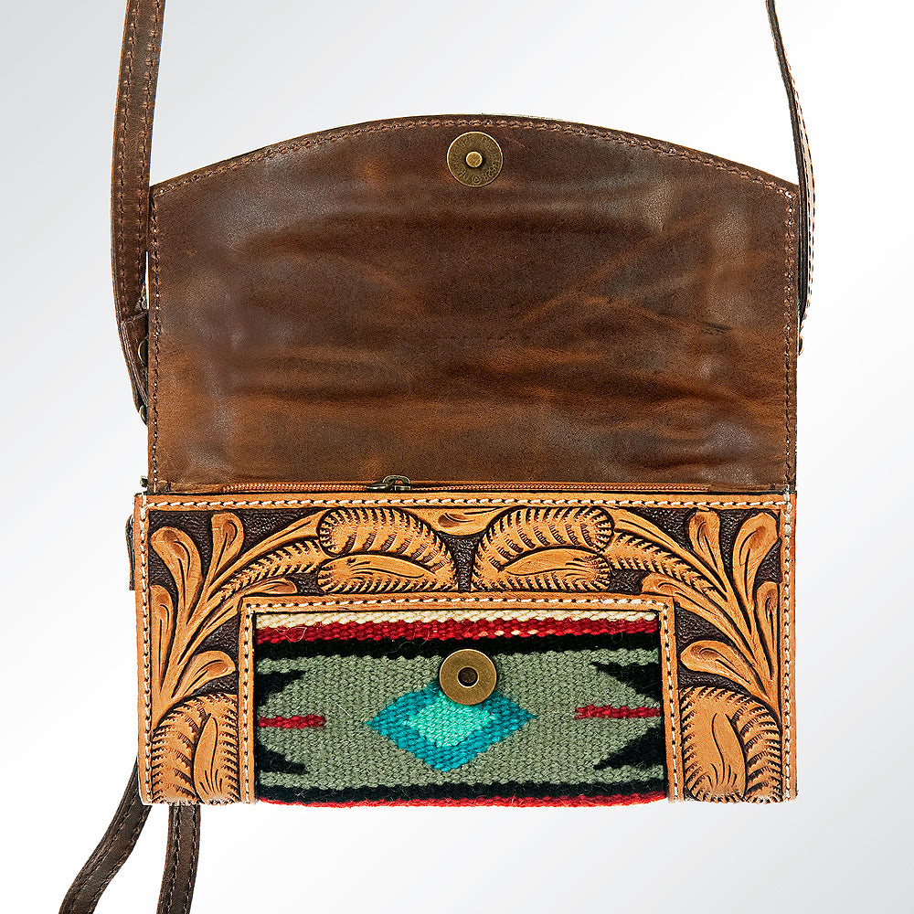 ADBG557DAR1 American Darling Hand Tooled Floral Leather & Woven Saddle Blanket Western Crossbody Bag