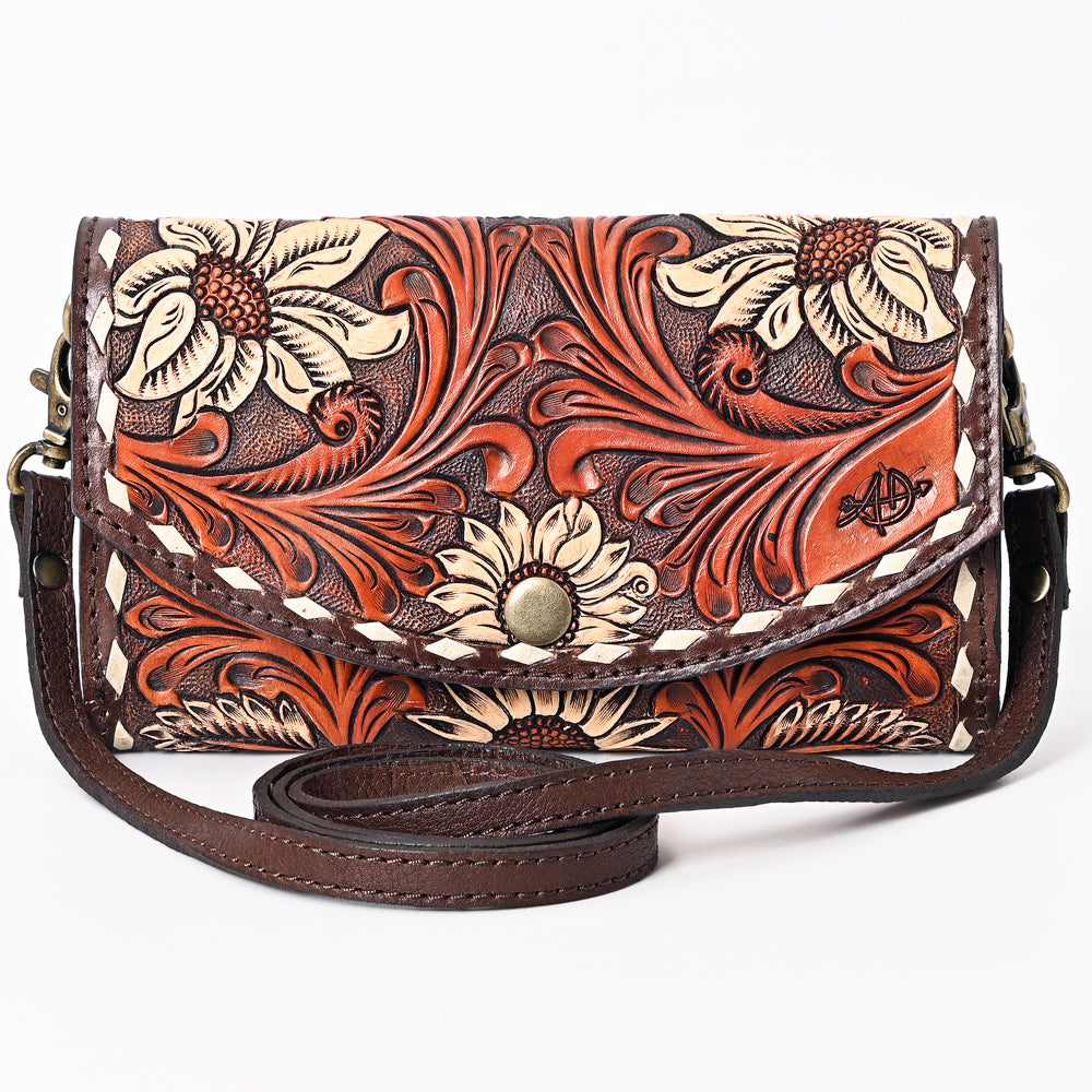 ADBGA379 Western Sunflower Tooled Leather Organiser Bag Handcrafted Floral Crossbody Wallet