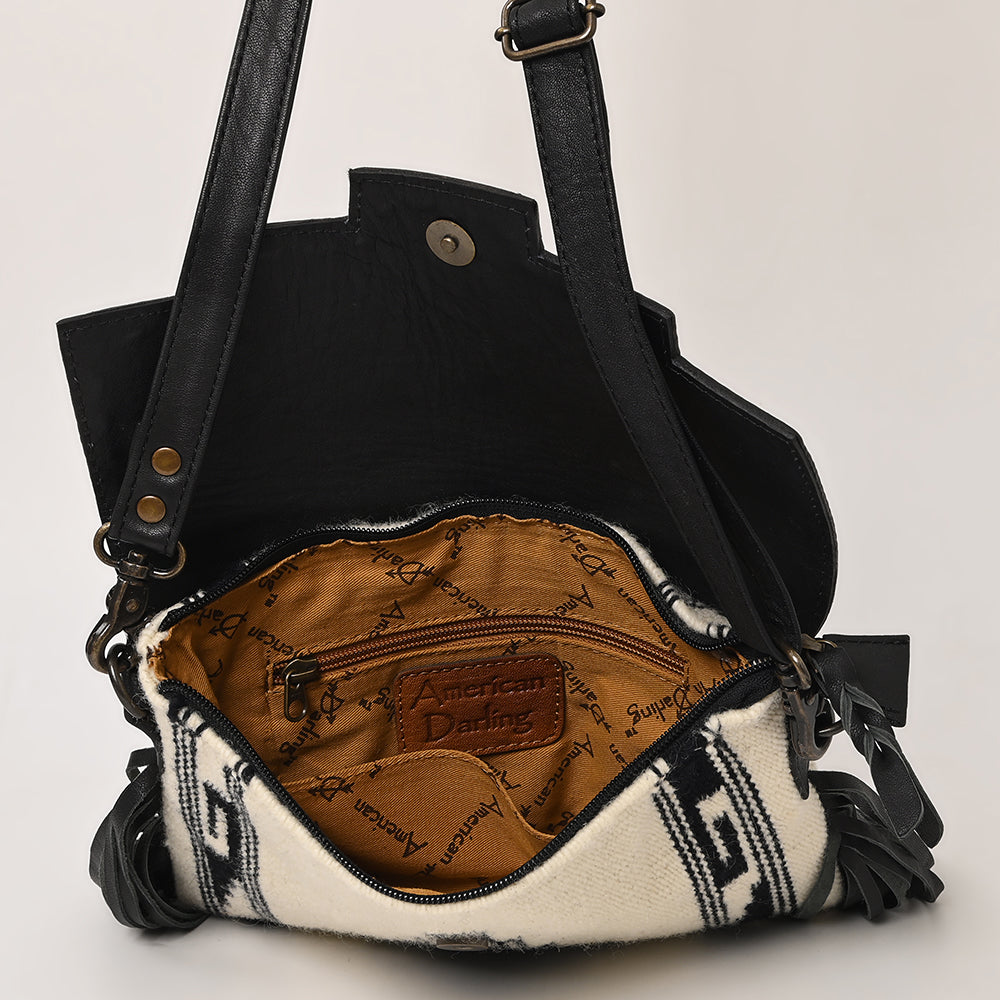 ADBG587 Western Tooled Leather Crossbody Bag with Fringe and Woven Fabric