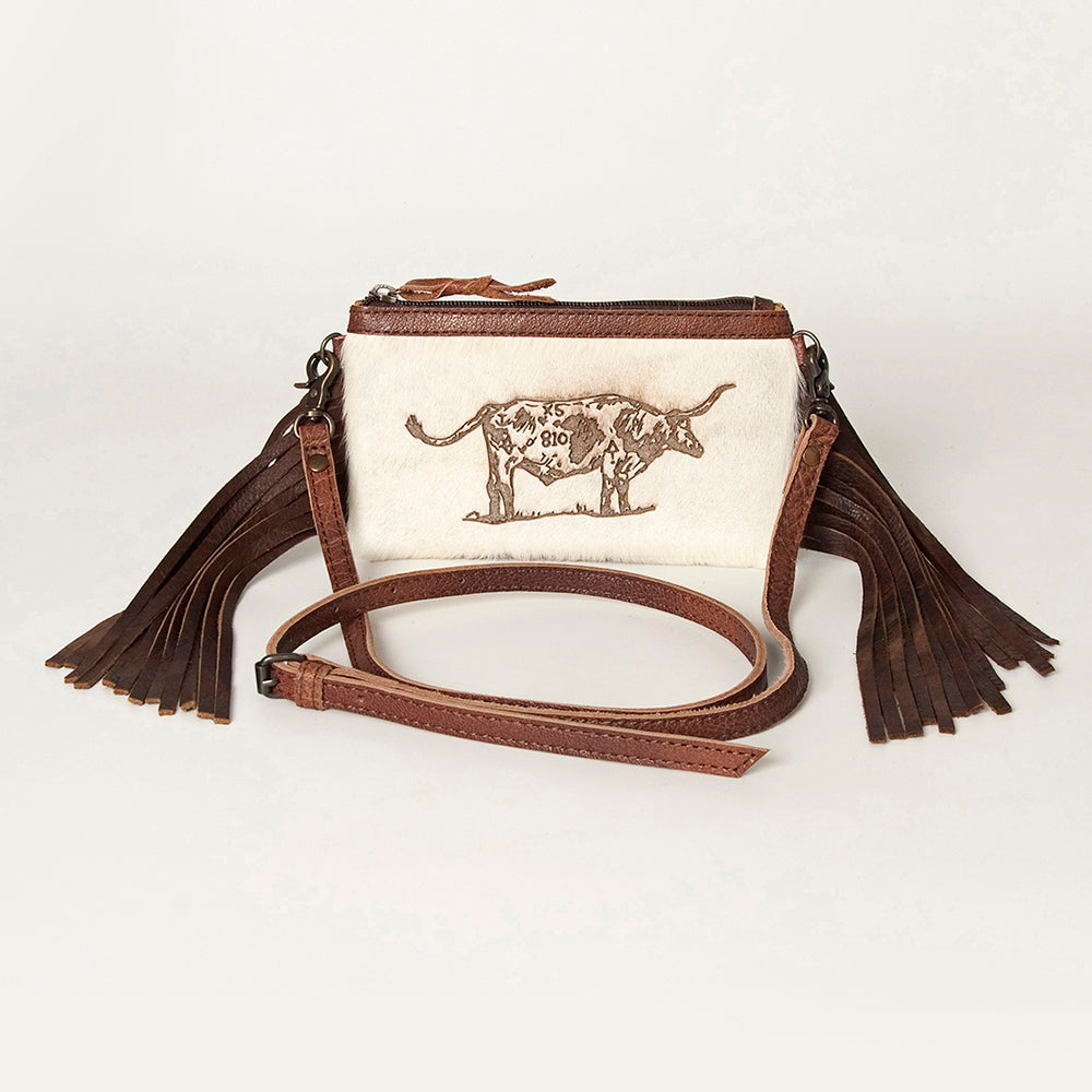 LC-ADBGS142 Western Rodeo Crossbody - Hair-On Leather Bag with Steer Wrestling Print & Fringe
