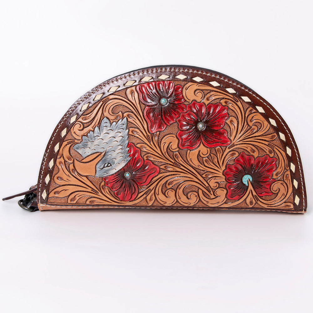 ADBG1071 American Darling Hand-Tooled Leather Taco Handbag - Western Floral Carved Genuine Leather Wristlet